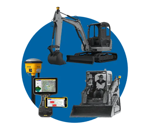 Trimble GNSS receiver, data collector and machine guidance hardware mounted on an excavator and skid steer